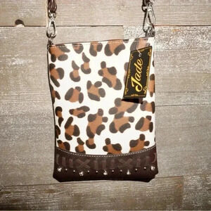 NWT JADE Cheetah Print, Rhinestone, Western Crossbody, Button & 2 Zipped Pockets